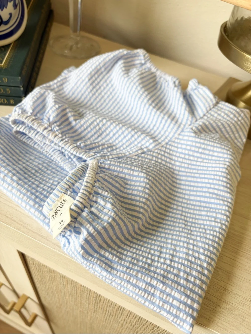 Crewcuts Light Blue SeerSucker Striped Puff-Sleeve Top-00C